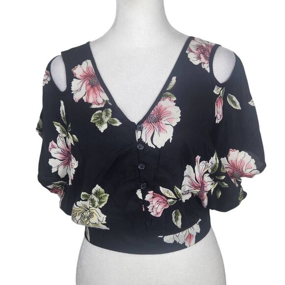 Band of Gypsies Black and Pink Floral Boho Crop Top Sz Small NWT Black Crop Top - Picture 1 of 10